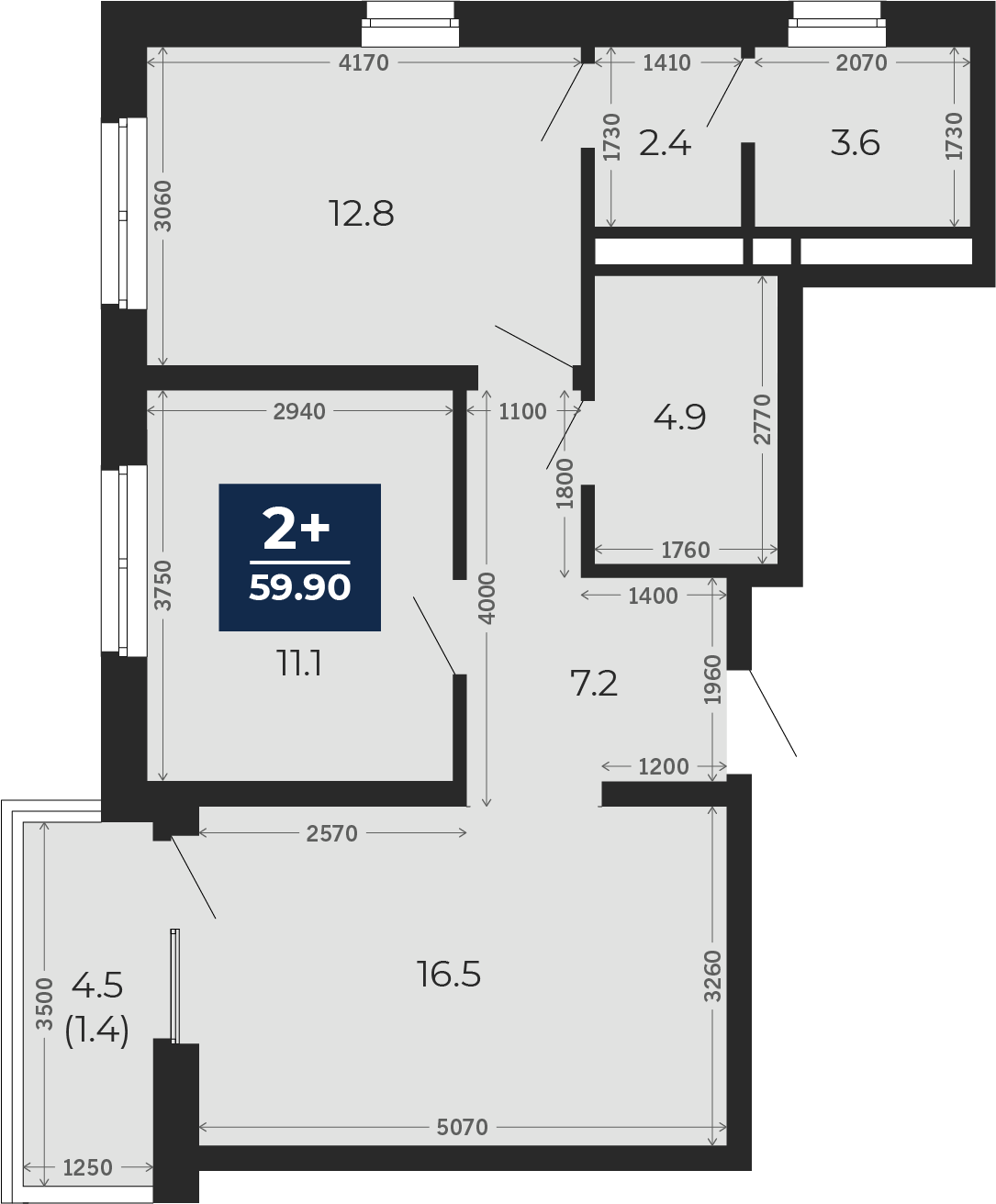 Квартира № 449, 2-комнатная, 63 кв. м, 12 этаж