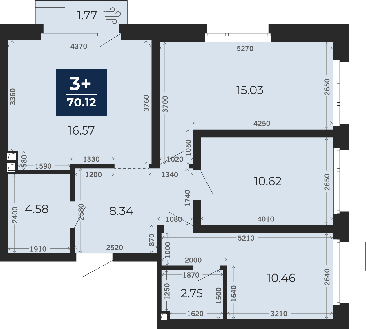 Квартира № 327, 3-комнатная, 68.88 кв. м, 2 этаж