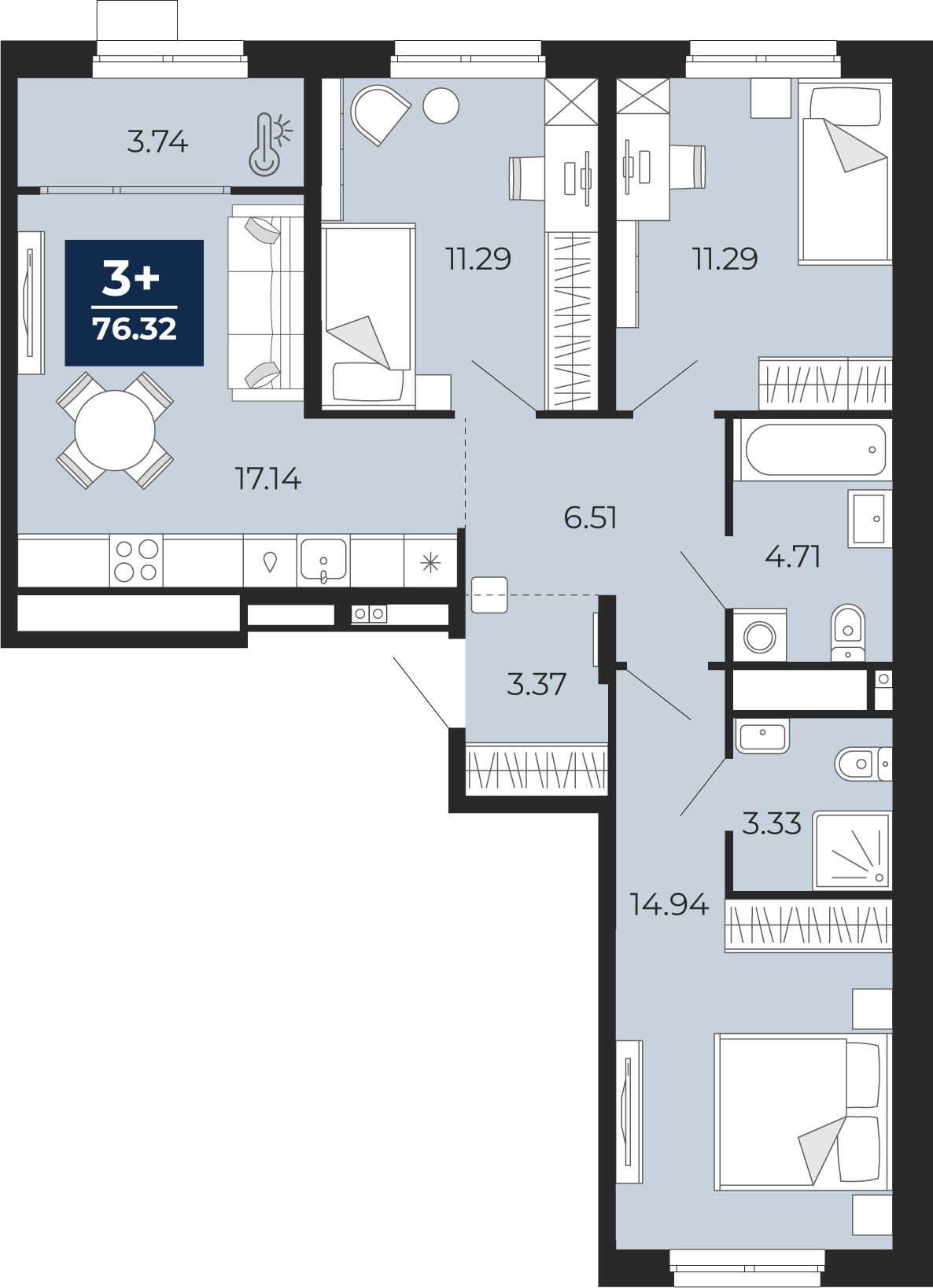 Планировка: 4-комнатная евро 76.3 м² в ЖК Мириады, Мыс