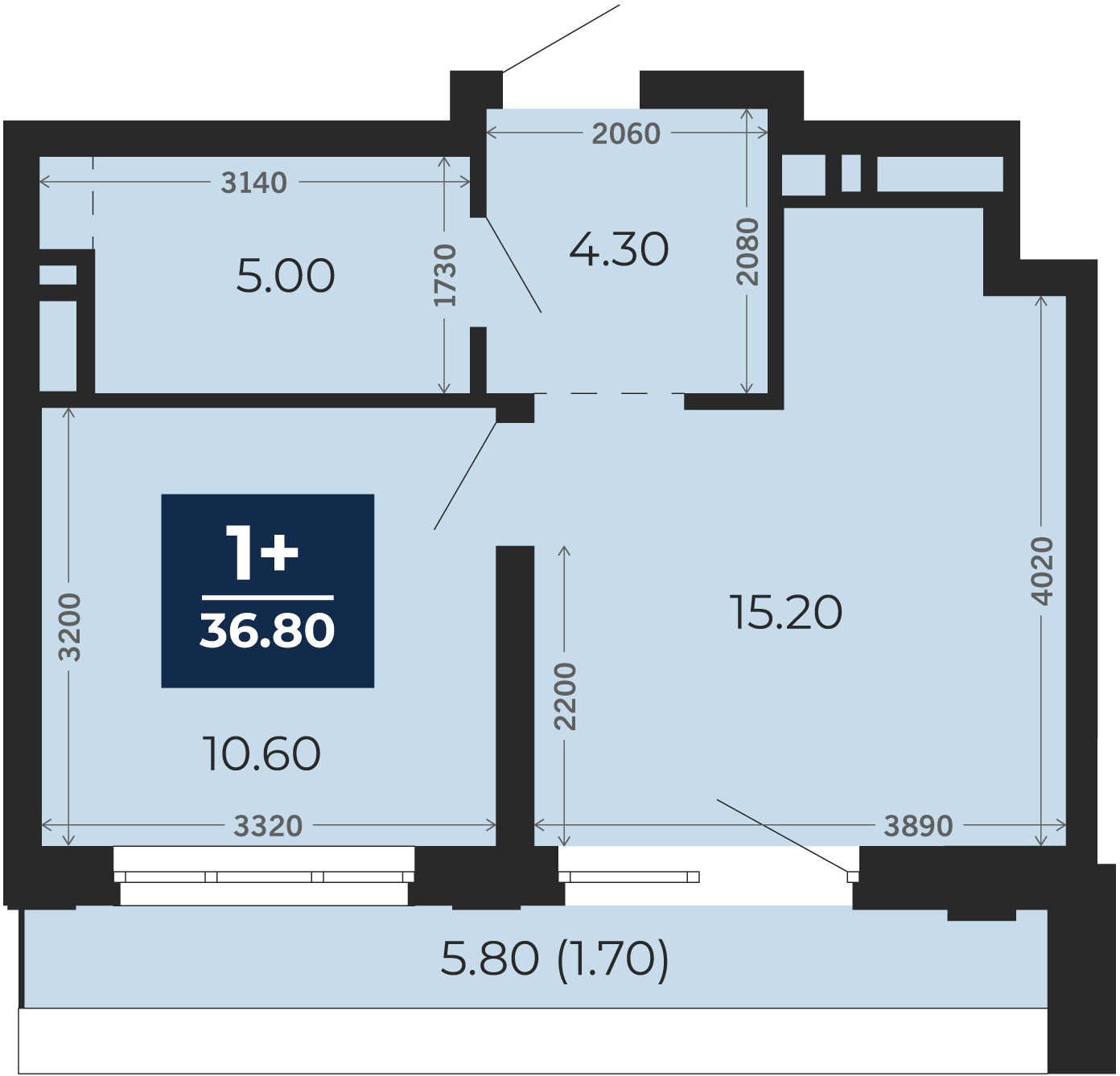 Квартира № 345, 1-комнатная, 36.8 кв. м, 17 этаж