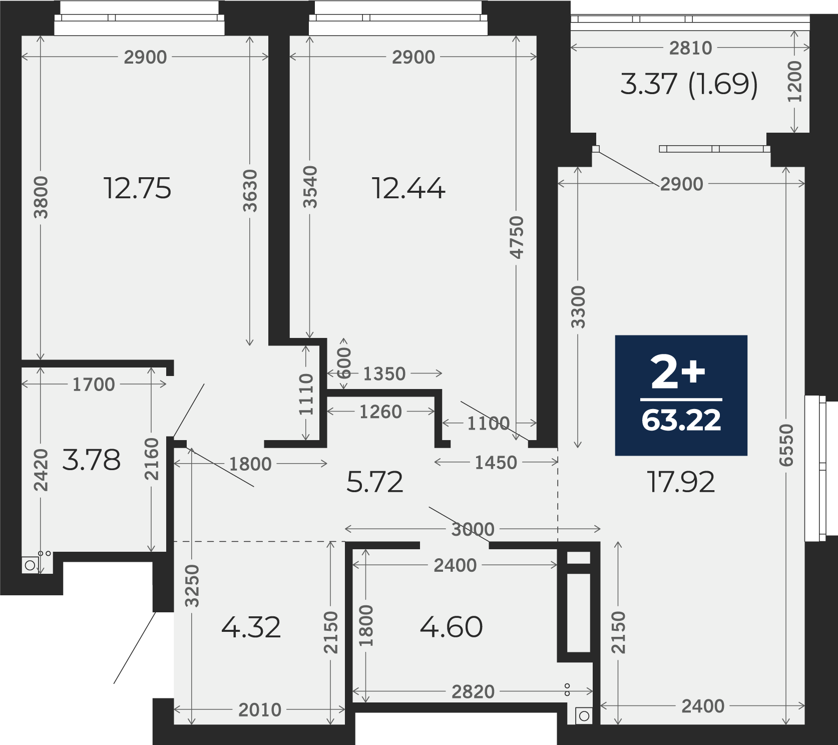 Квартира № 141, 2-комнатная, 63.22 кв. м, 19 этаж