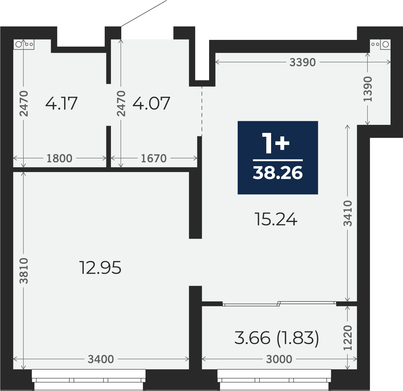 Квартира № 363, 1-комнатная, 38.26 кв. м, 4 этаж