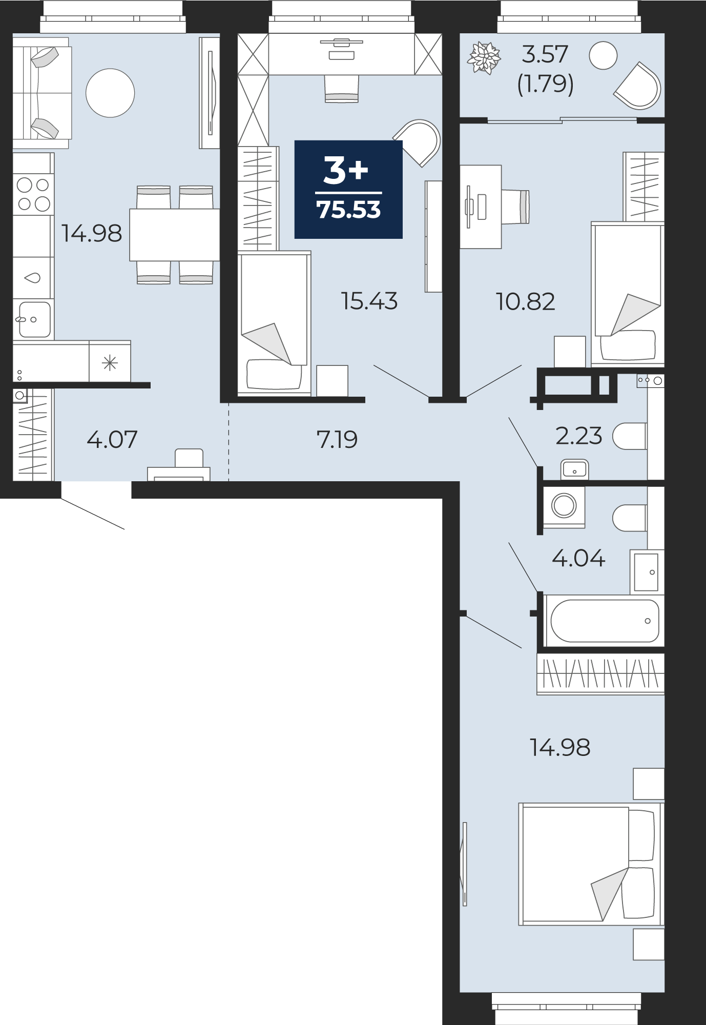 Квартира № 43, 3-комнатная, 75.53 кв. м, 10 этаж