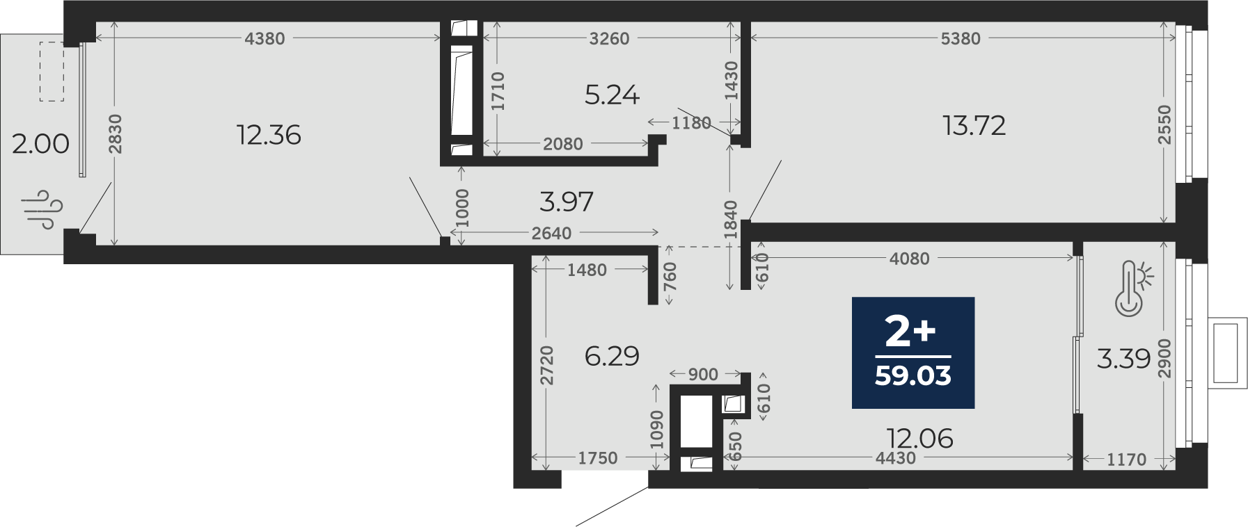 Квартира № 633, 2-комнатная, 59.03 кв. м, 6 этаж