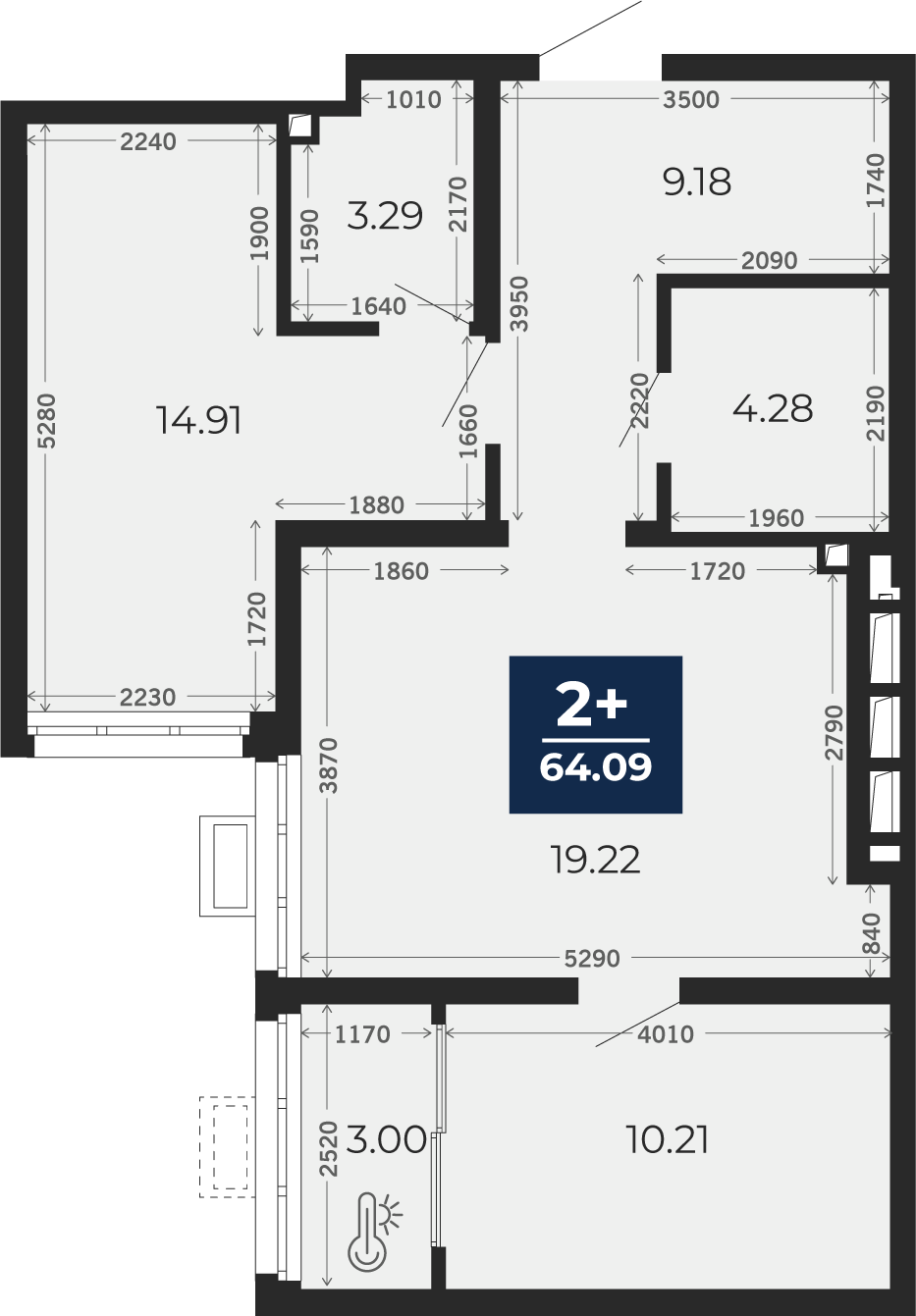 Квартира № 323, 2-комнатная, 64.09 кв. м, 2 этаж