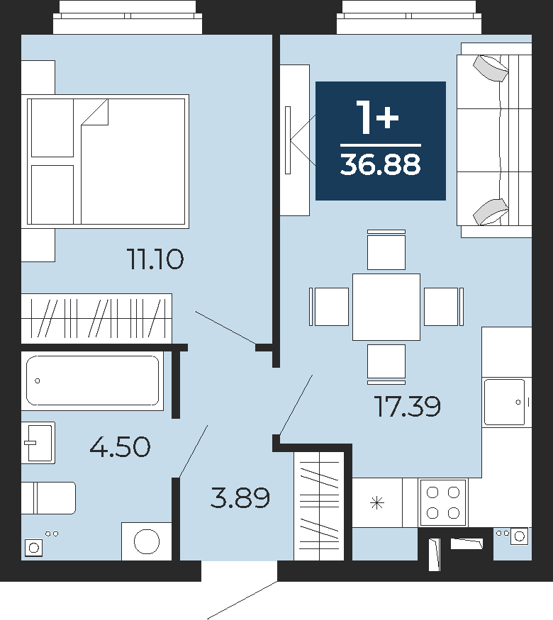 Квартира № 6, 1-комнатная, 36.88 кв. м, 2 этаж