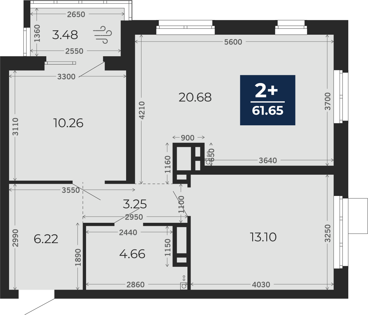 Квартира № 91, 2-комнатная, 59.21 кв. м, 13 этаж
