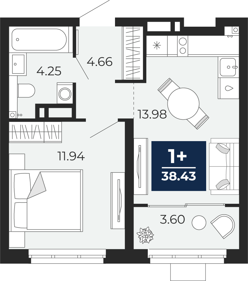 Квартира № 52, 1-комнатная, 38.43 кв. м, 8 этаж