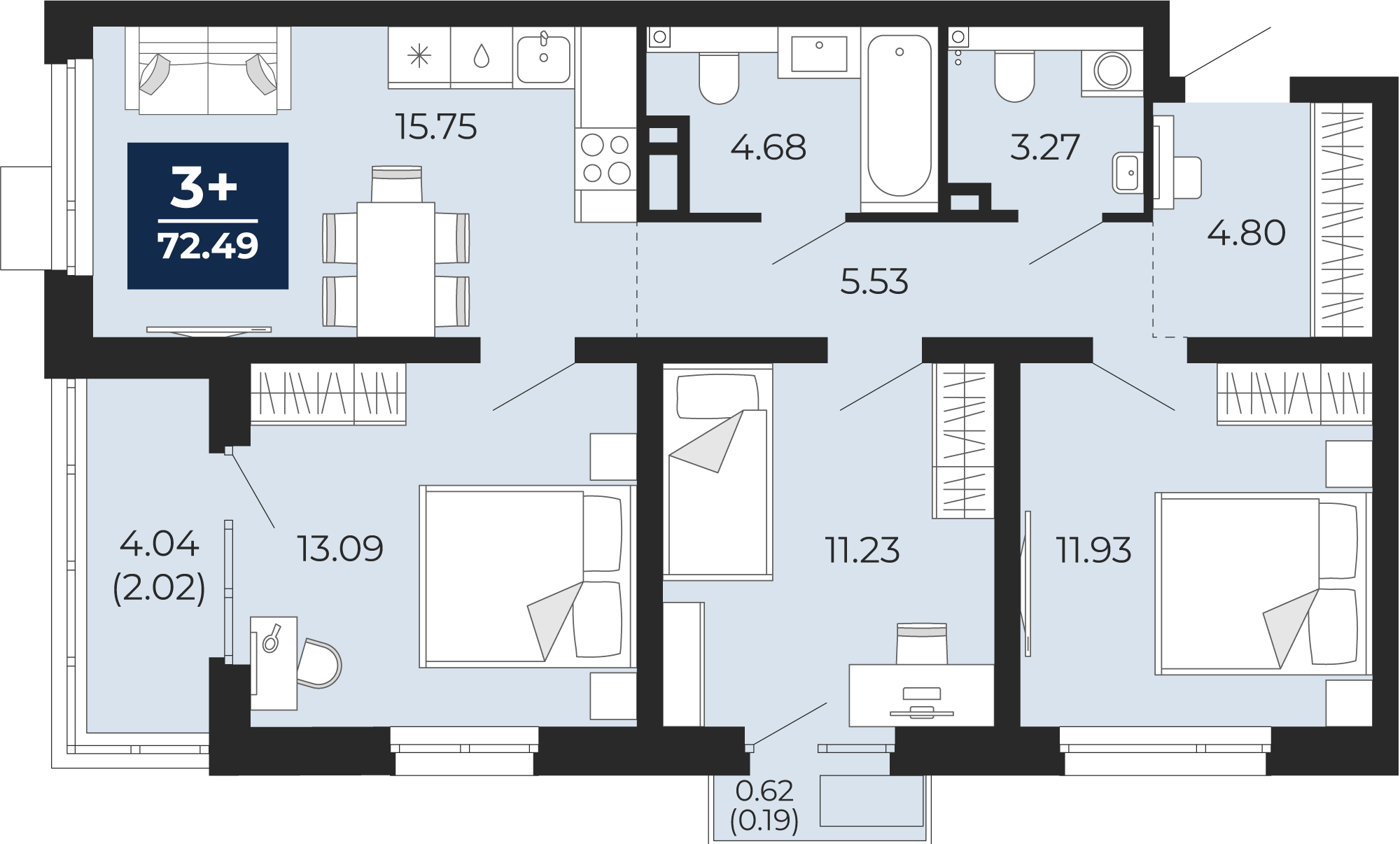 Квартира № 332, 3-комнатная, 72.49 кв. м, 2 этаж