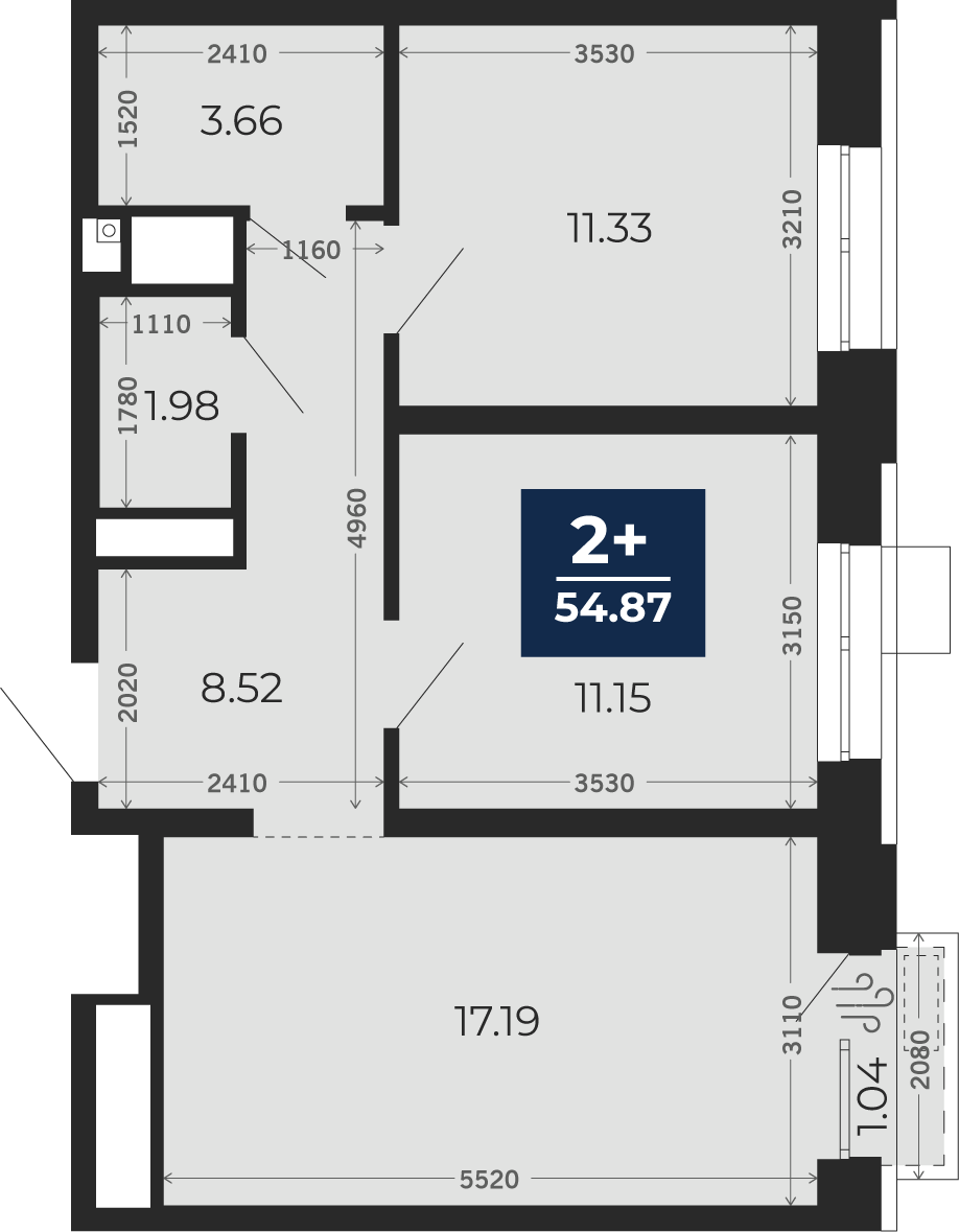 Квартира № 10, 2-комнатная, 54.87 кв. м, 3 этаж