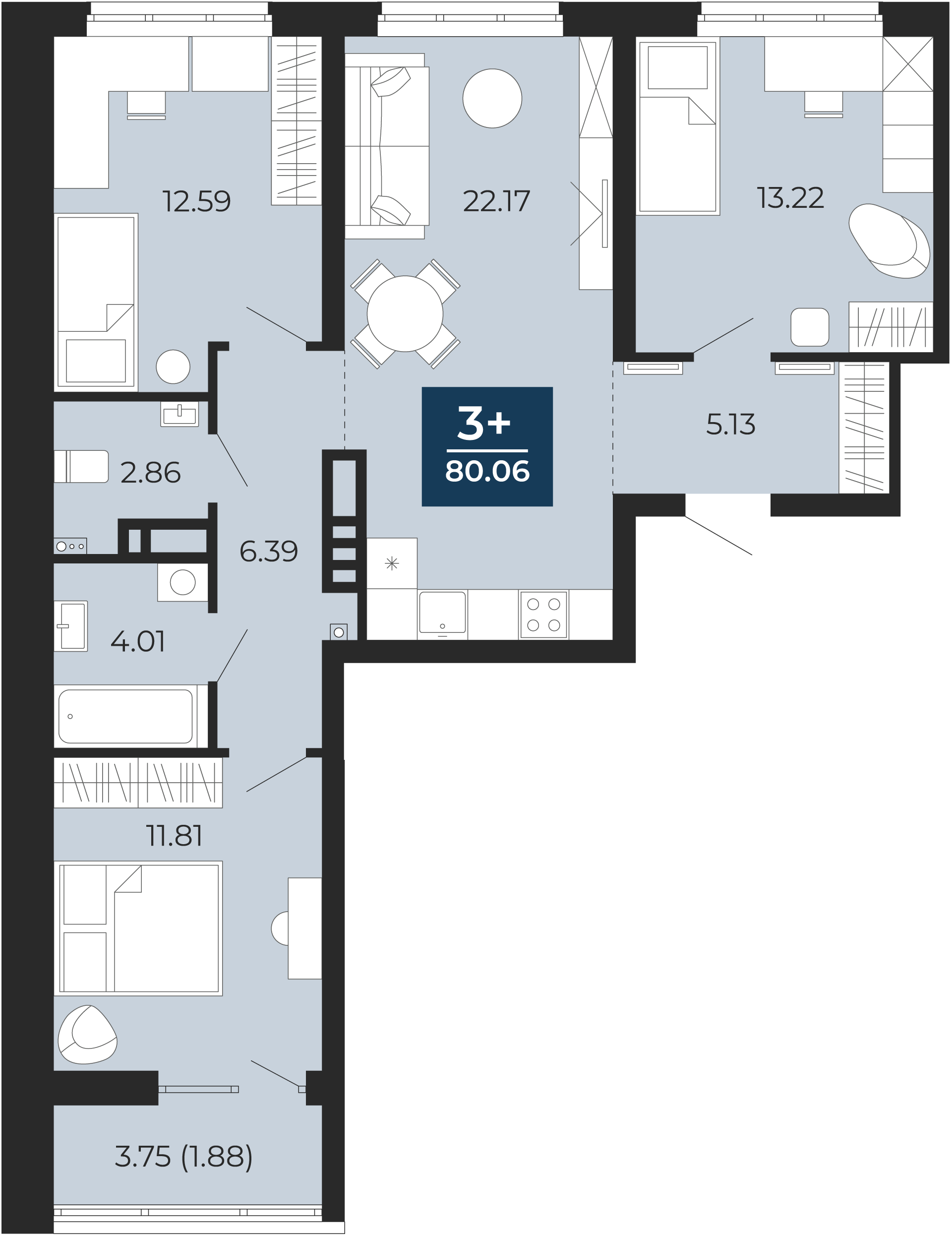Квартира № 252, 3-комнатная, 80.06 кв. м, 14 этаж