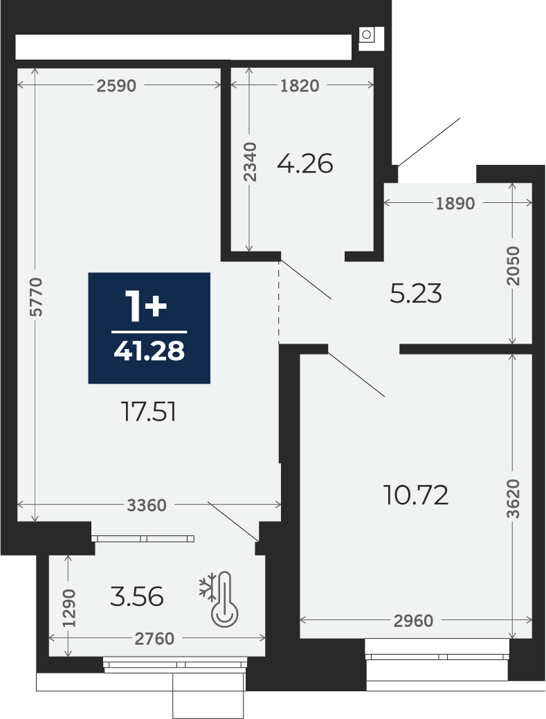 Квартира № 12, 1-комнатная, 41.28 кв. м, 3 этаж