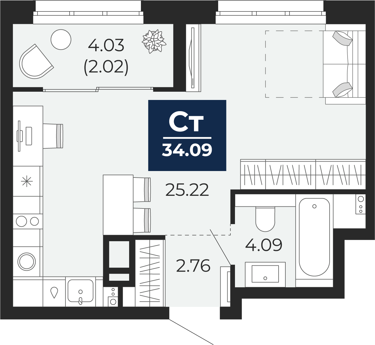 Квартира № 235, Студия, 34.09 кв. м, 3 этаж