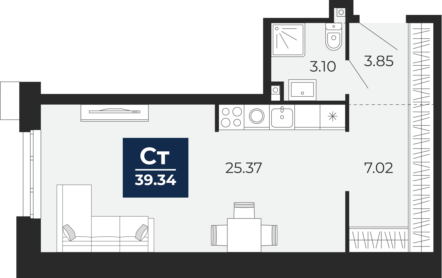 Квартира № 88, Студия, 39.34 кв. м, 2 этаж