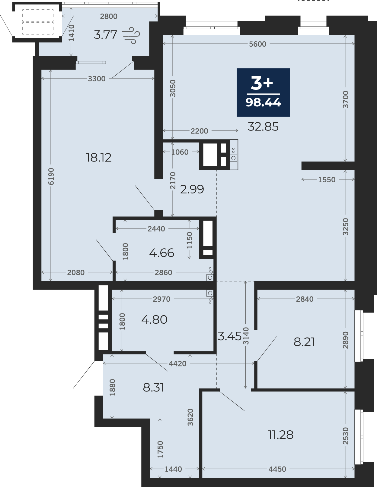 Квартира № 16, 3-комнатная, 98.44 кв. м, 4 этаж