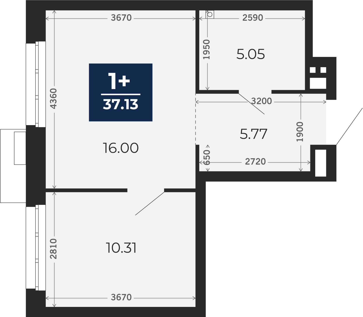 Квартира № 4, 1-комнатная, 37.13 кв. м, 2 этаж