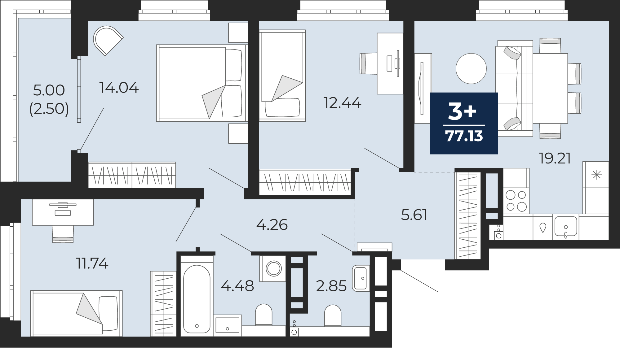 Квартира № 102, 3-комнатная, 77.13 кв. м, 14 этаж