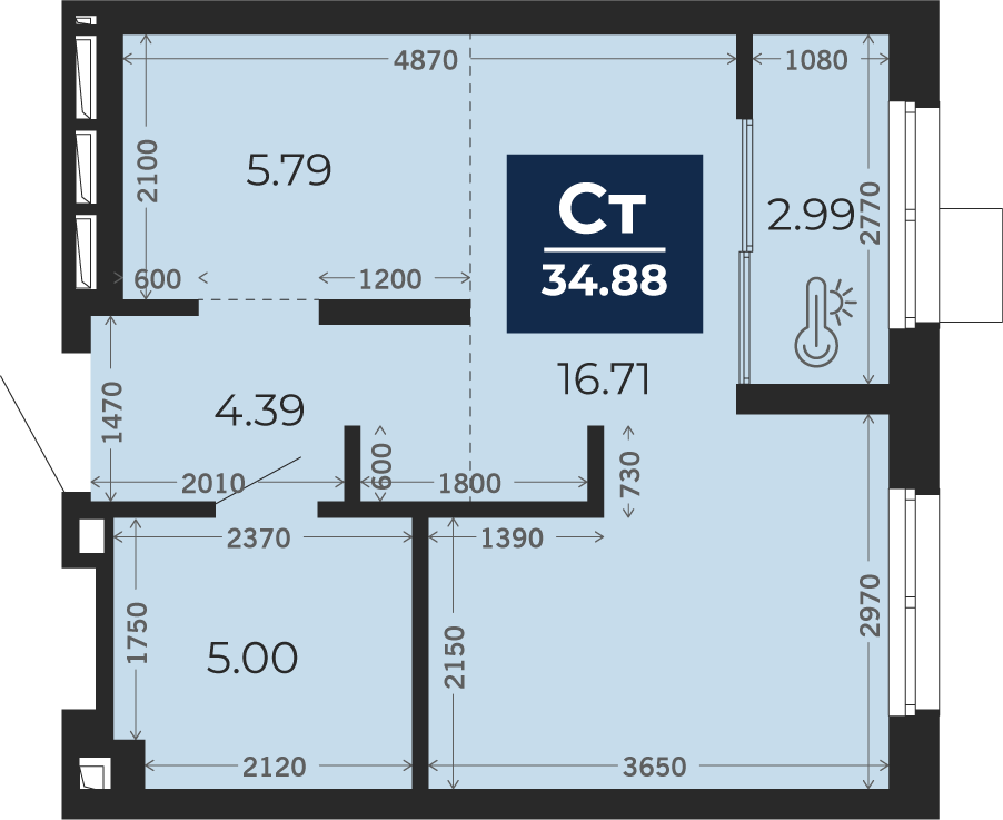 Квартира № 2, Студия, 34.88 кв. м, 2 этаж