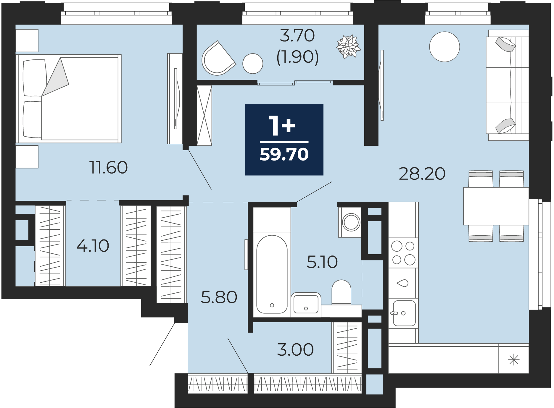 Квартира № 355, 1-комнатная, 59.7 кв. м, 18 этаж