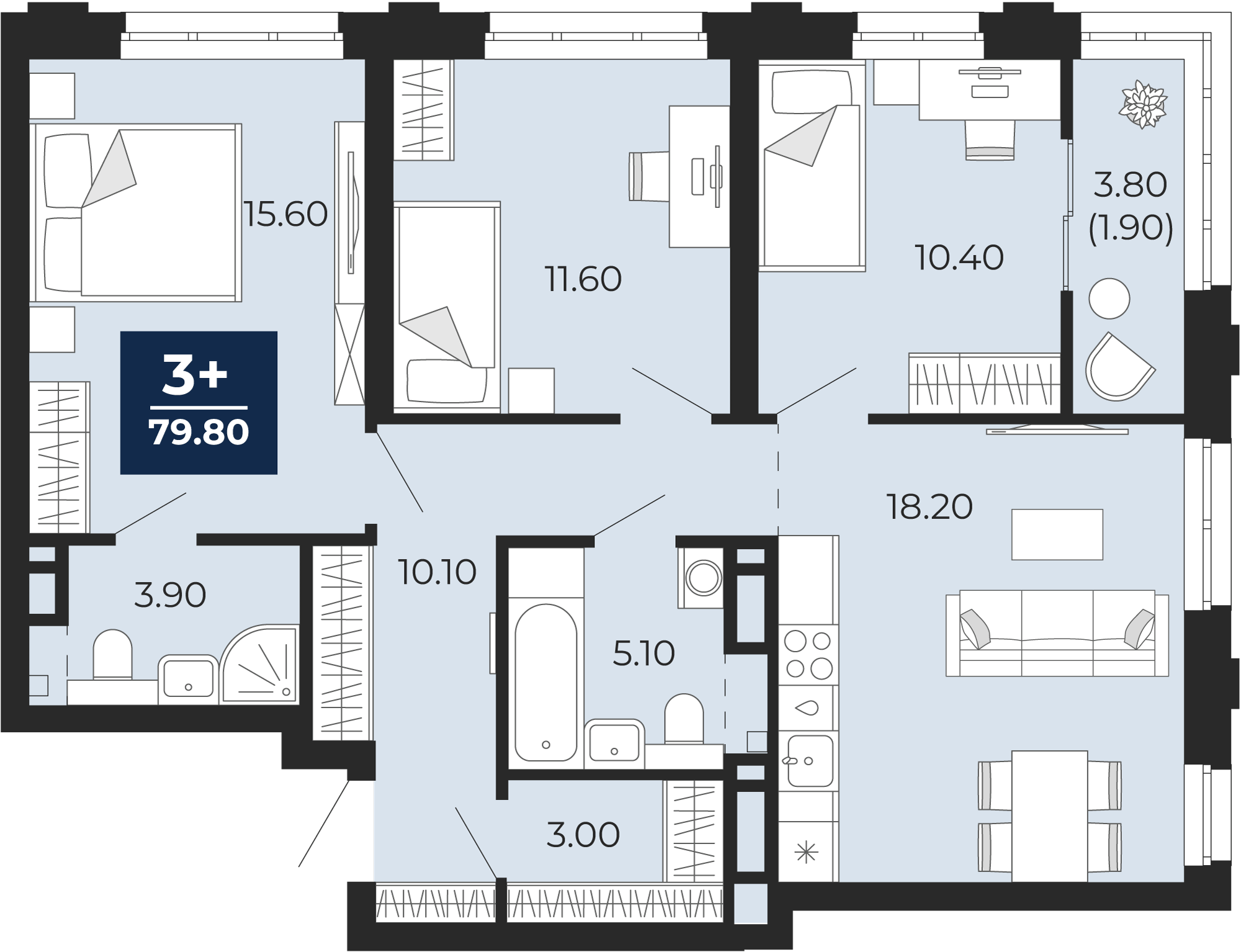 Квартира № 265, 3-комнатная, 79.8 кв. м, 3 этаж