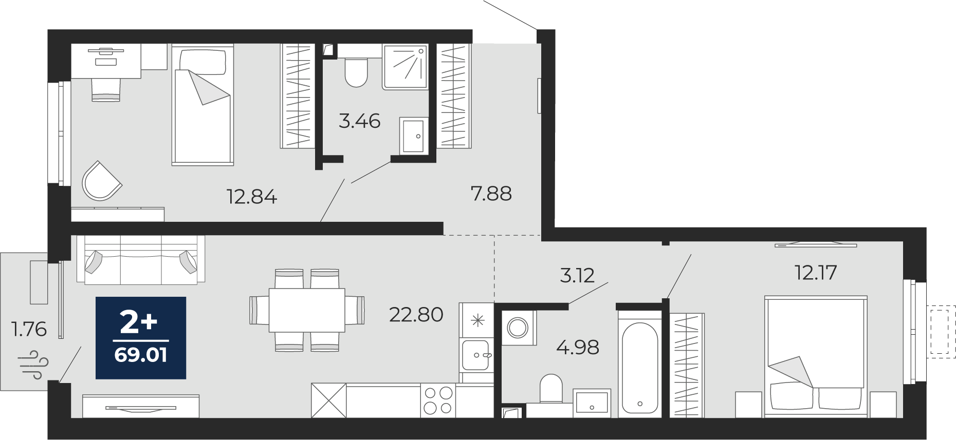 Квартира № 165, 2-комнатная, 69.01 кв. м, 2 этаж