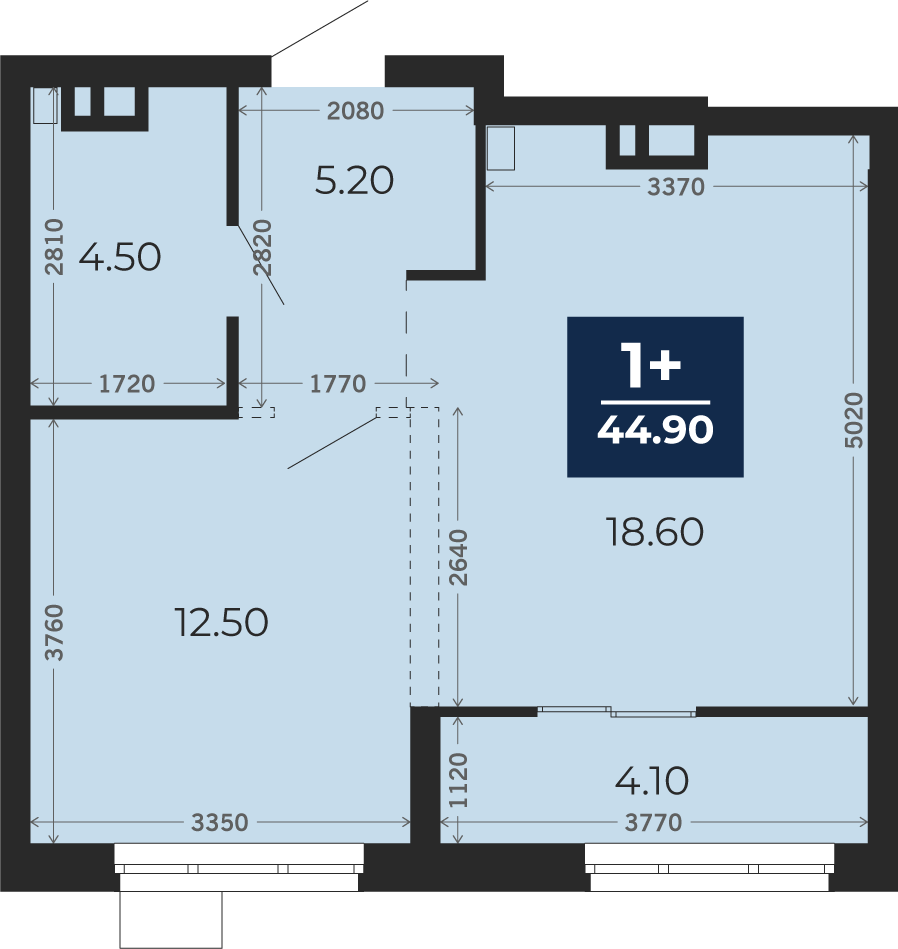 Квартира № 460, 1-комнатная, 44.9 кв. м, 7 этаж