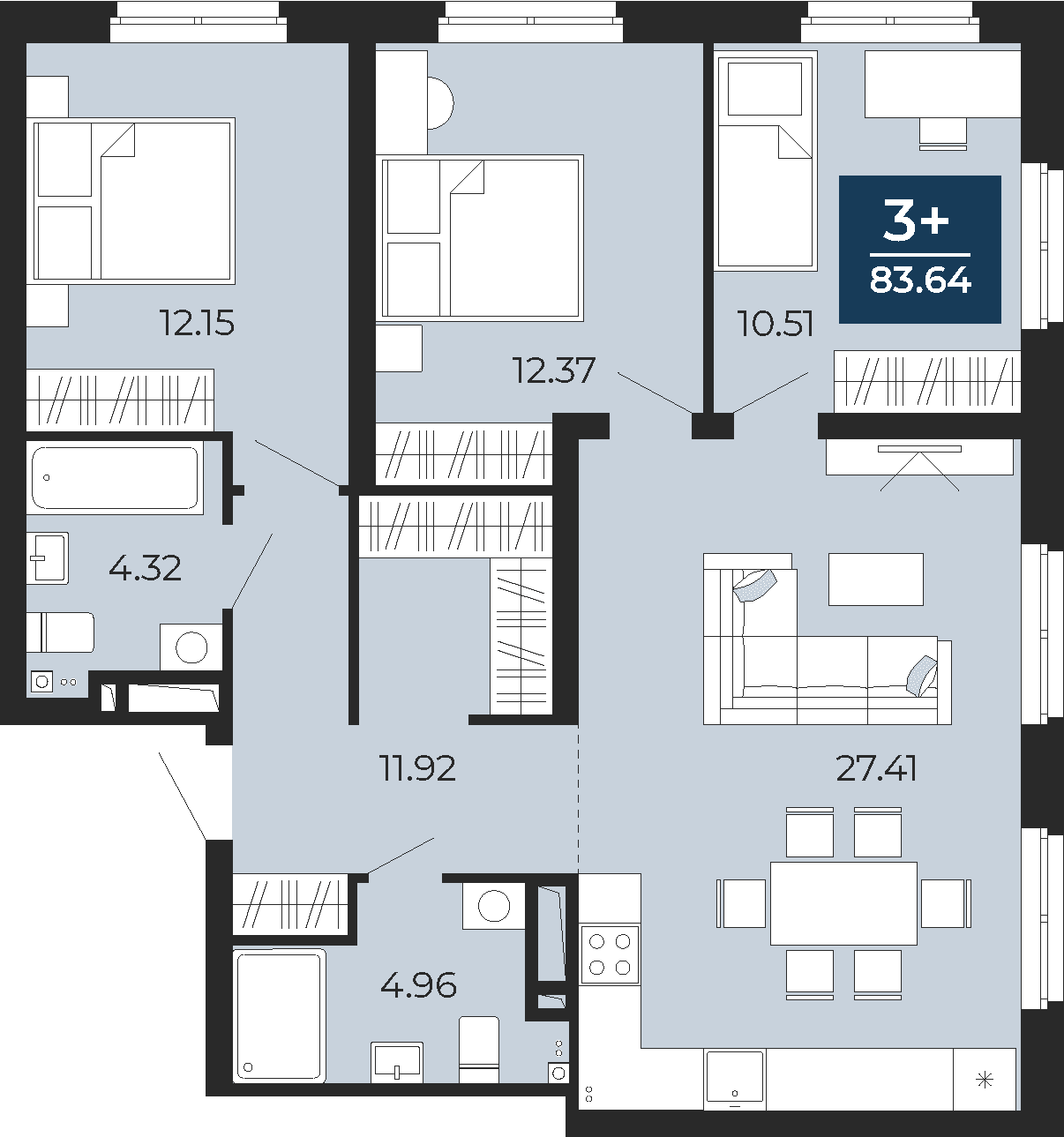 Квартира № 287, 3-комнатная, 83.64 кв. м, 22 этаж