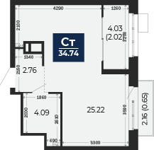 Квартира № 358, Студия, 34.74 кв. м, 3 этаж