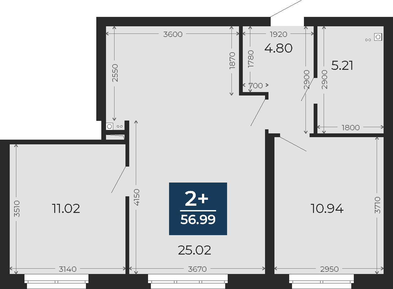 Квартира № 13, 2-комнатная, 56.99 кв. м, 2 этаж