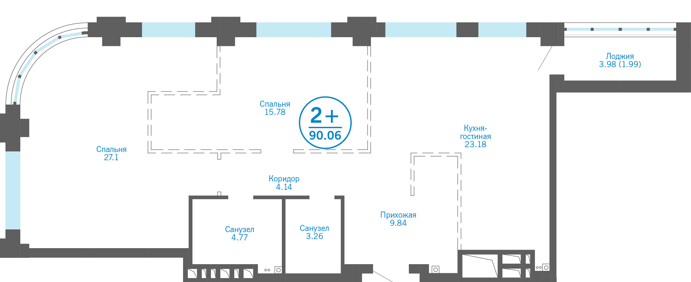 Квартира № 324, 2-комнатная, 90.06 кв. м, 2 этаж