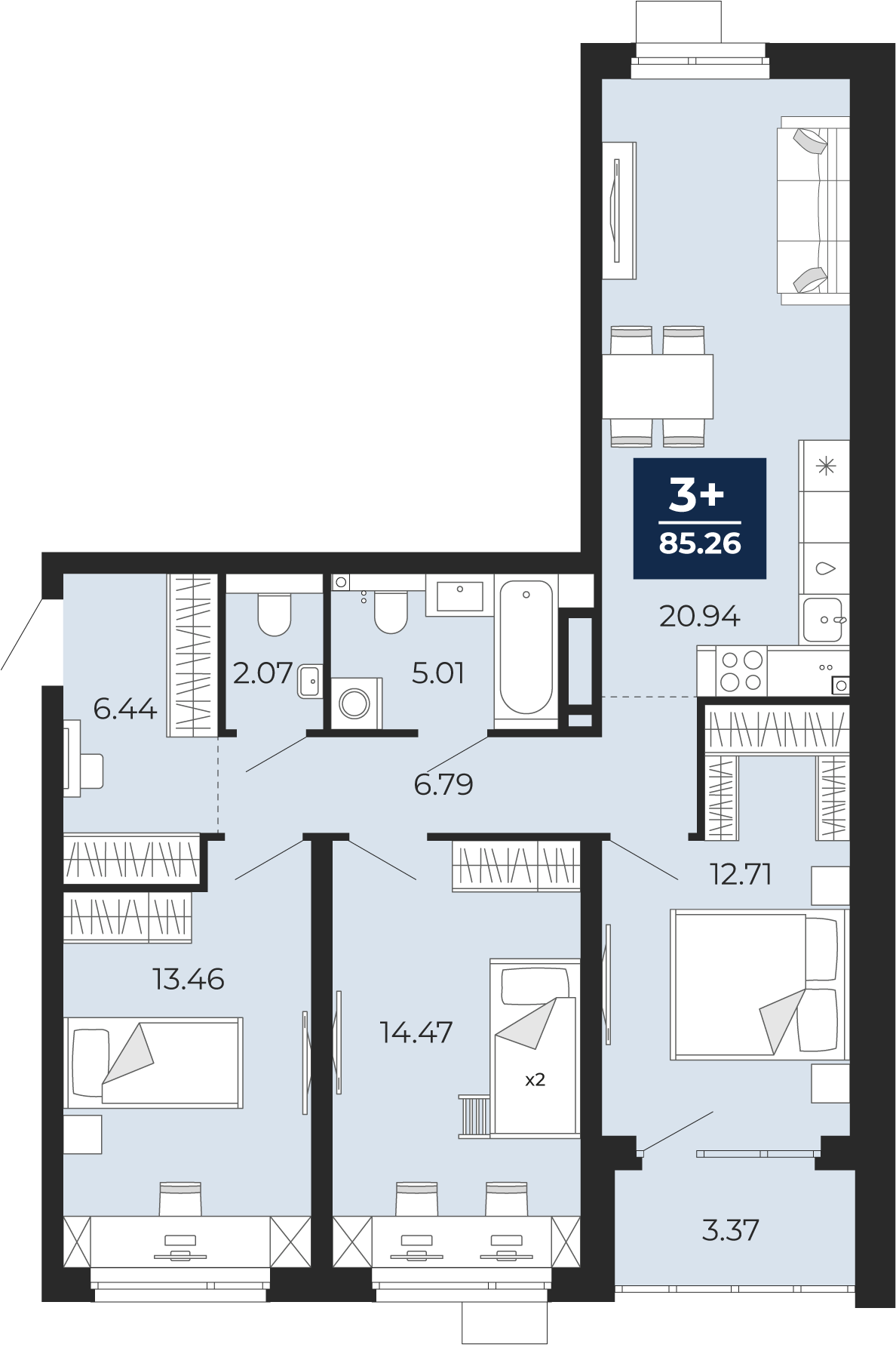 Квартира № 125, 3-комнатная, 85.26 кв. м, 2 этаж