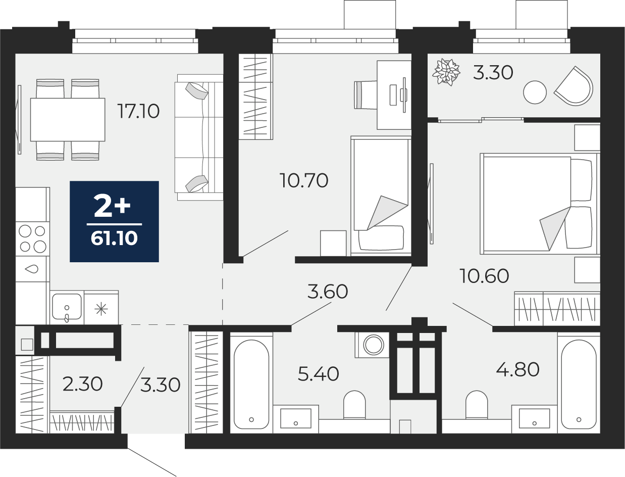 Квартира № 150, 2-комнатная, 61.1 кв. м, 9 этаж