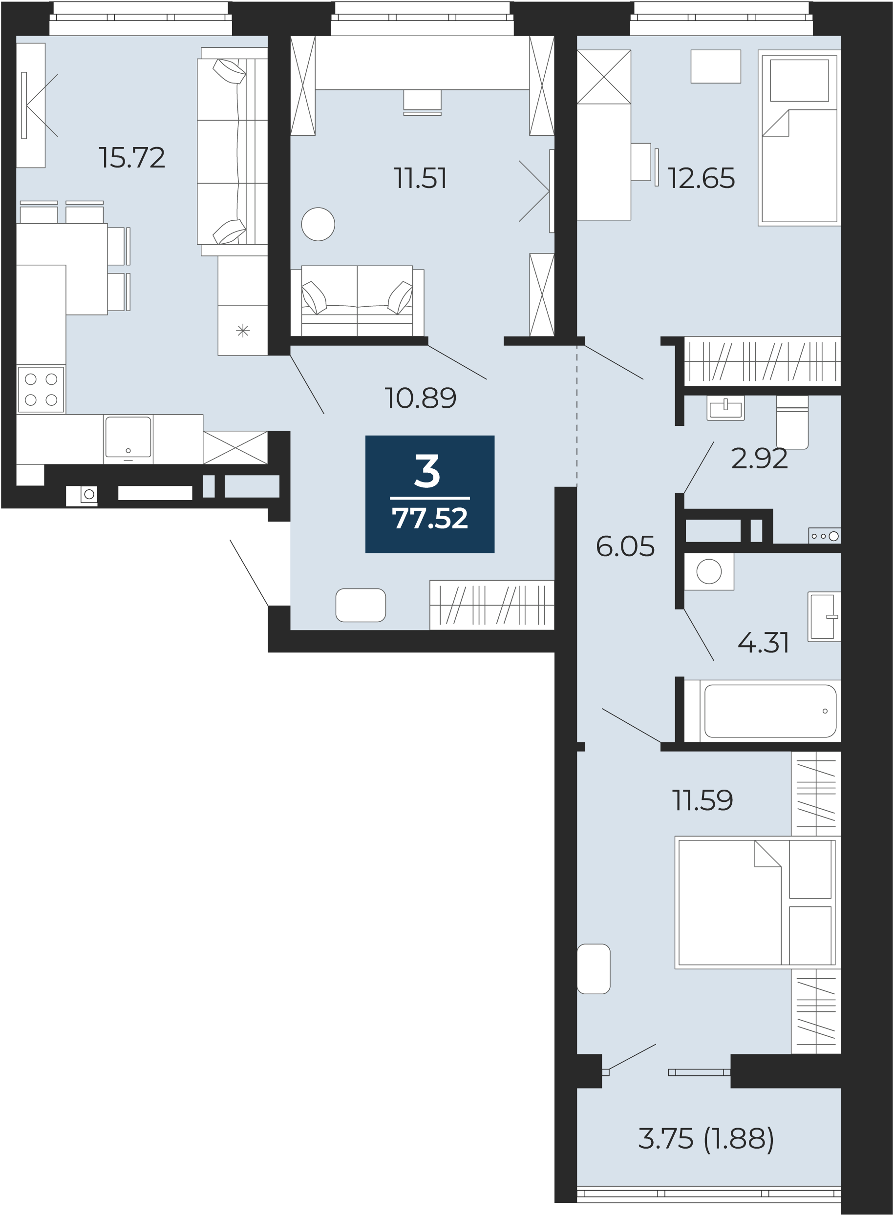 Квартира № 218, 3-комнатная, 77.52 кв. м, 8 этаж