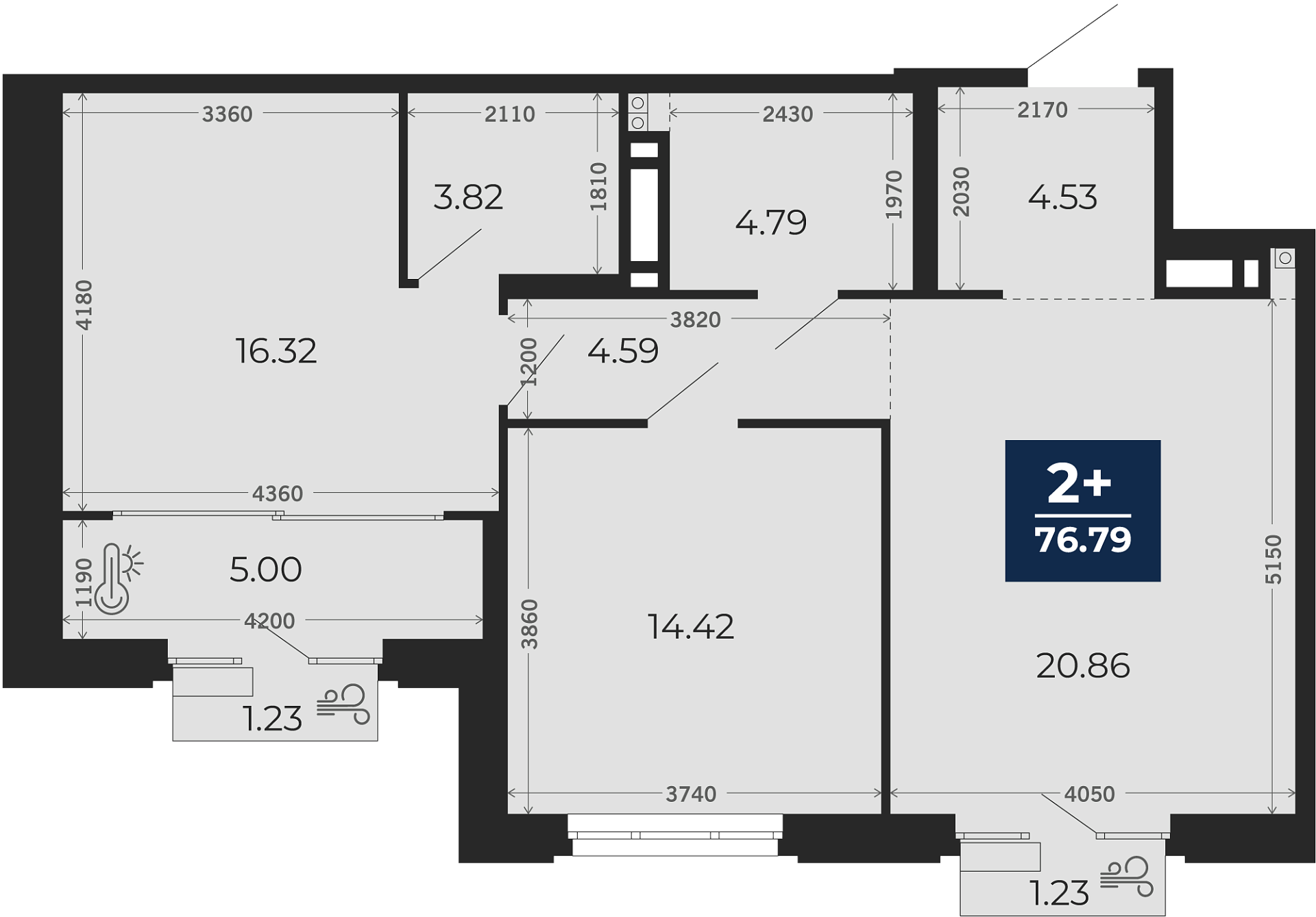 Квартира № 307, 2-комнатная, 76.79 кв. м, 5 этаж