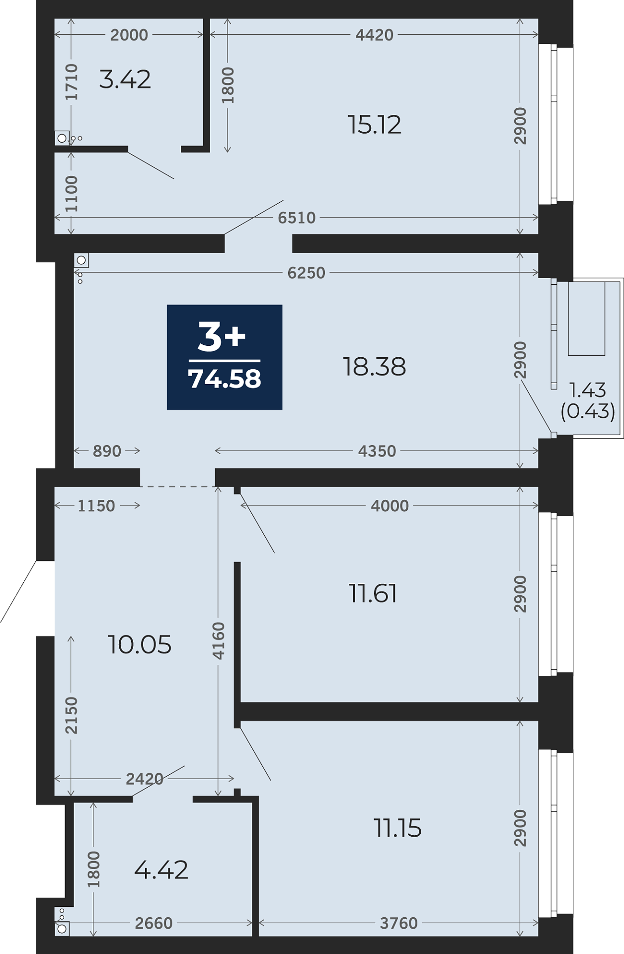 Квартира № 329, 3-комнатная, 74.58 кв. м, 2 этаж