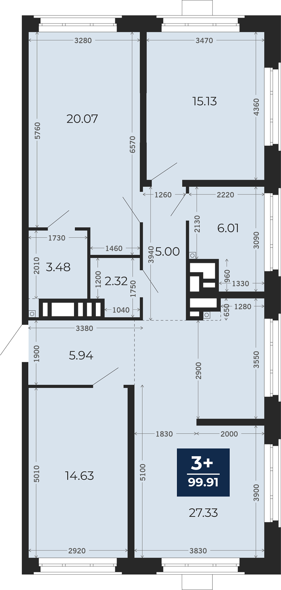 Квартира № 273, 3-комнатная, 99.91 кв. м, 23 этаж