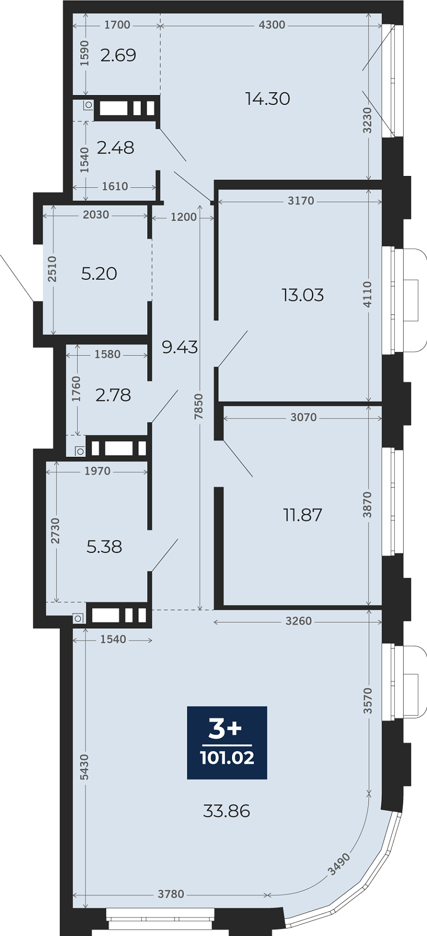 Квартира № 329, 3-комнатная, 101.02 кв. м, 8 этаж