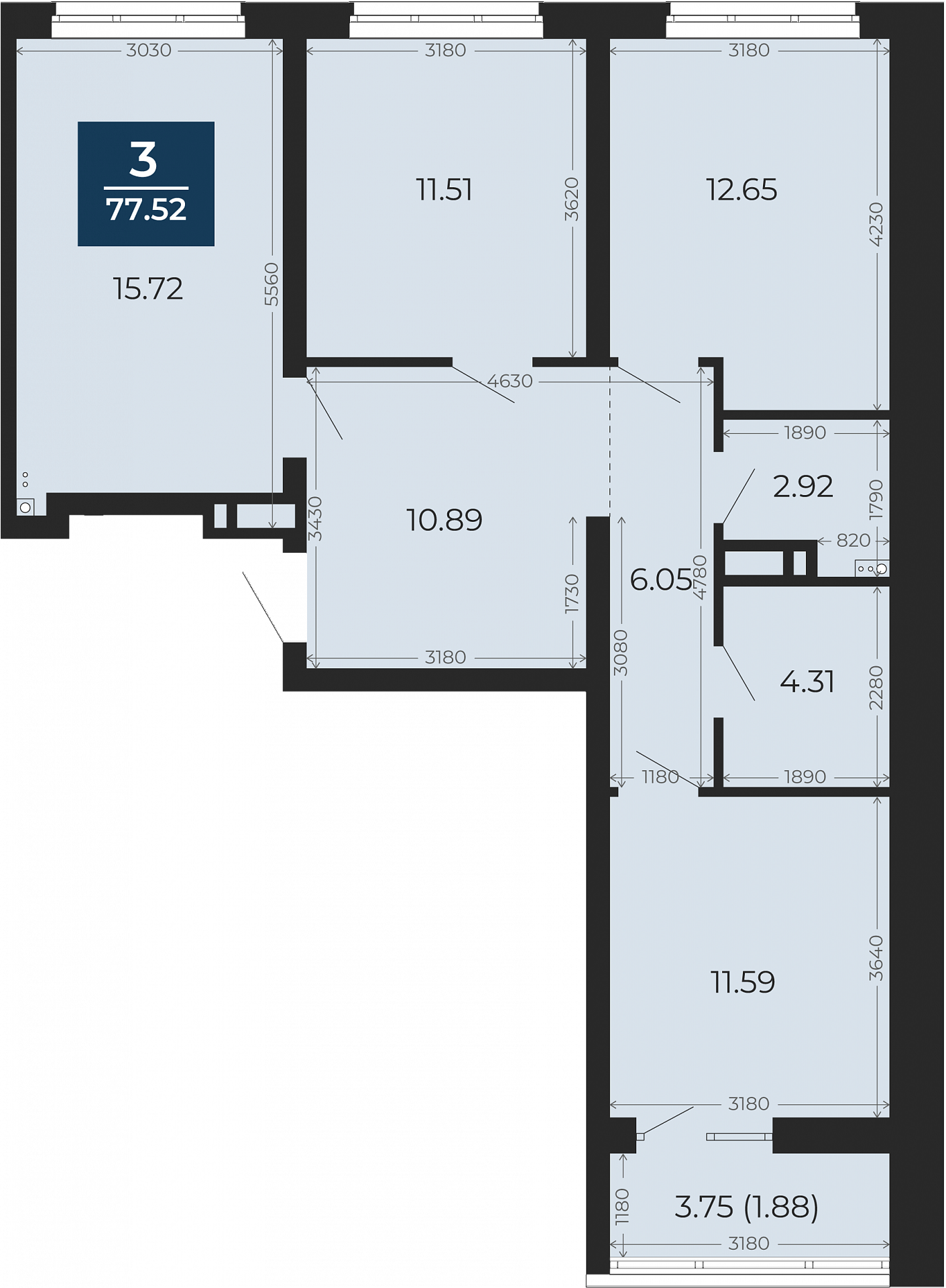 Квартира № 218, 3-комнатная, 77.52 кв. м, 8 этаж