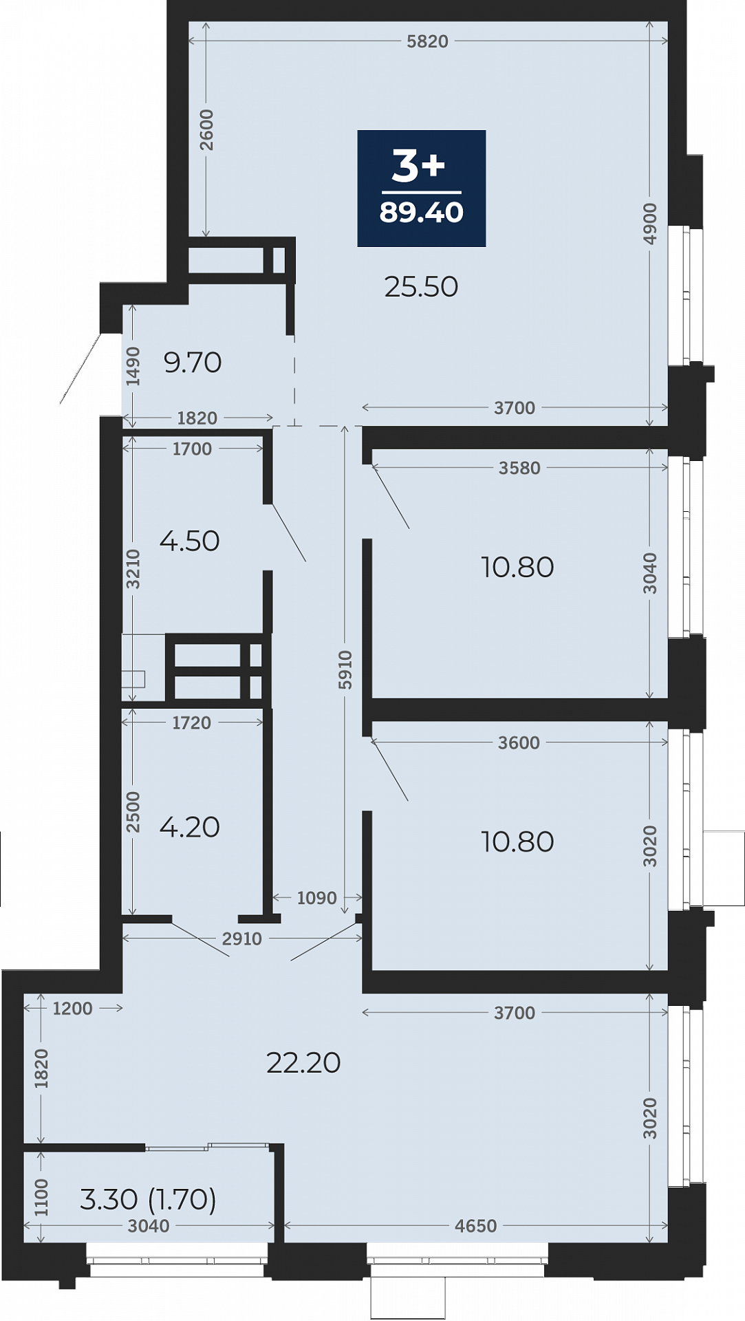 Квартира № 110, 3-комнатная, 89.4 кв. м, 4 этаж
