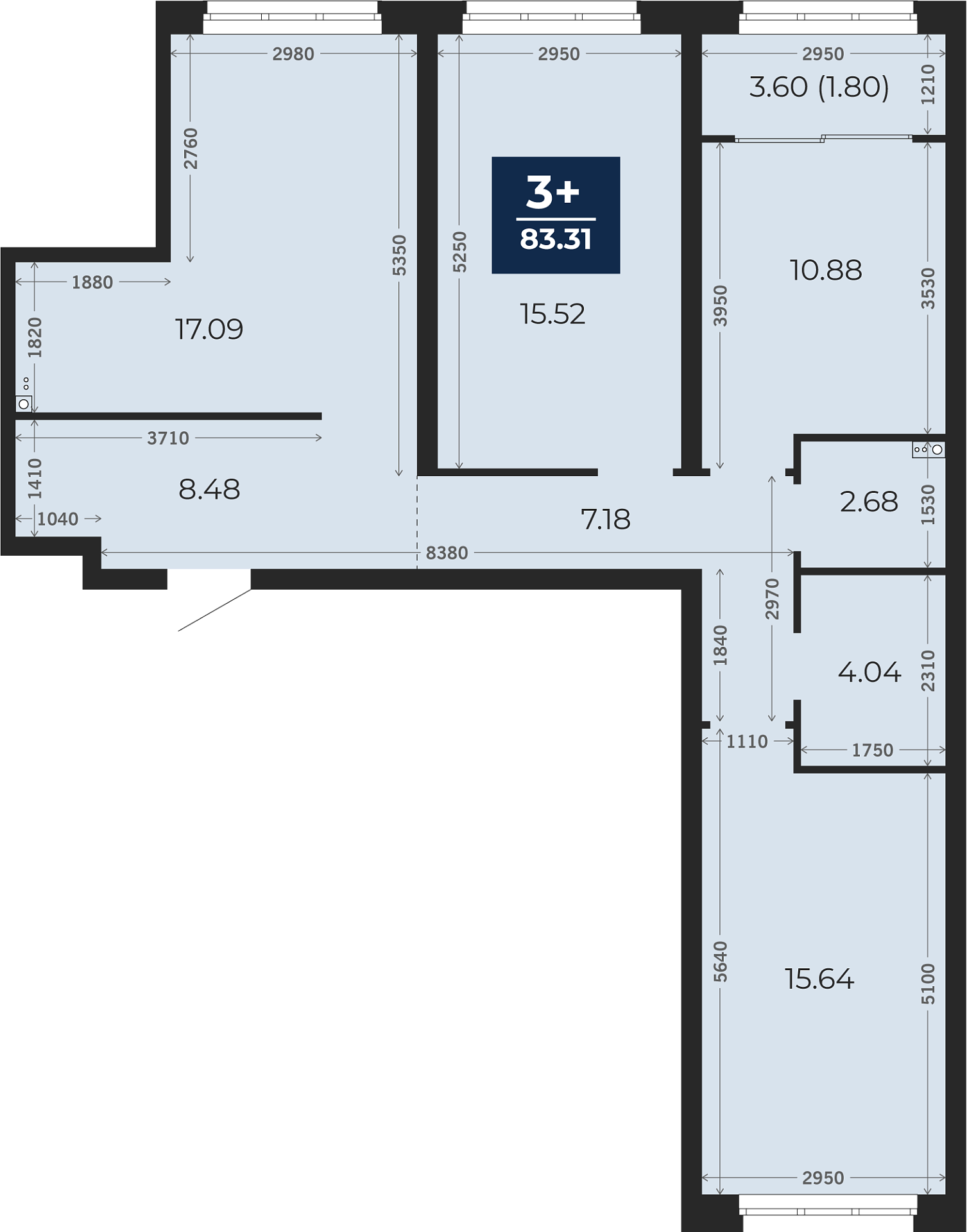 Квартира № 551, 3-комнатная, 83.31 кв. м, 2 этаж