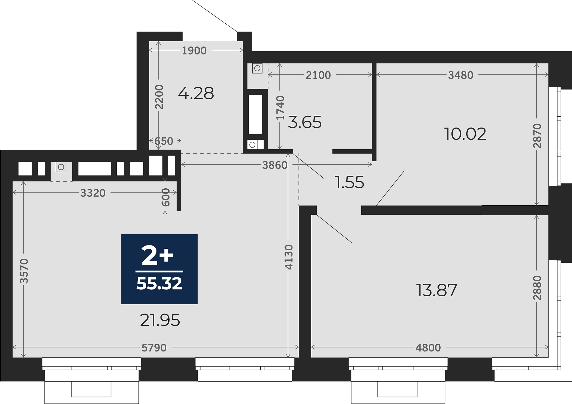 Квартира № 17, 2-комнатная, 55.32 кв. м, 3 этаж