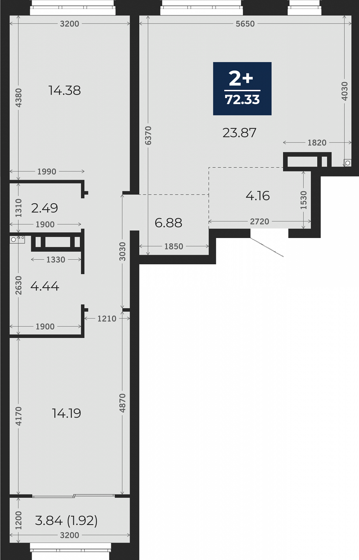 Квартира № 454, 2-комнатная, 72.33 кв. м, 5 этаж