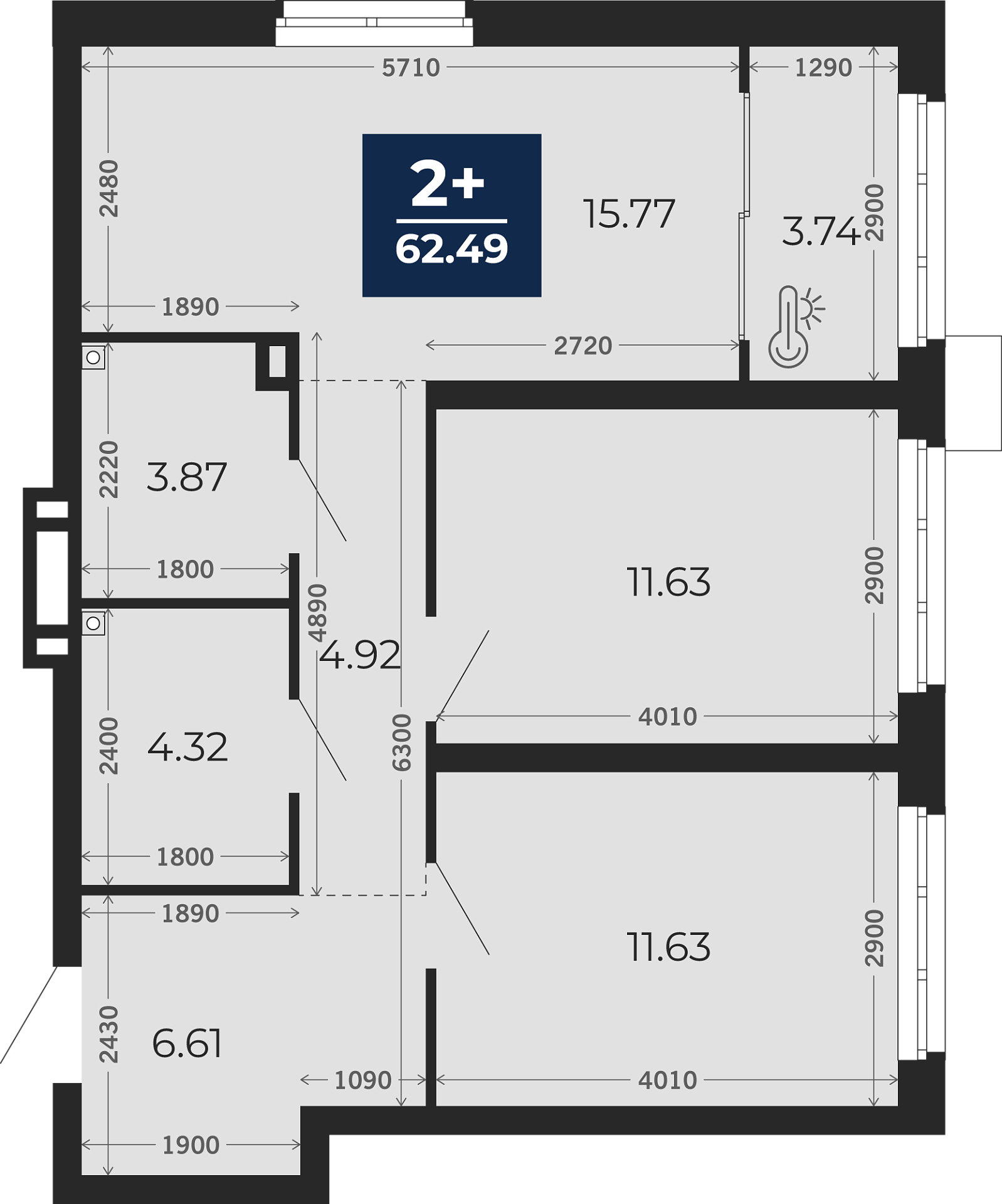 Квартира № 89, 2-комнатная, 60.62 кв. м, 1 этаж