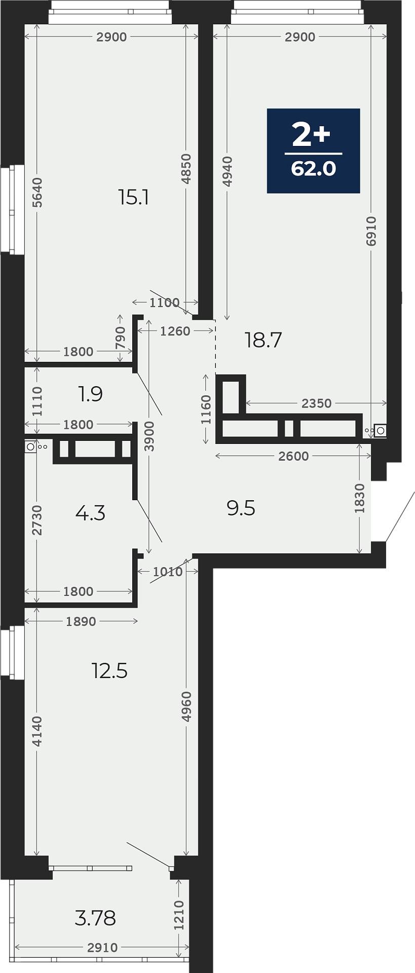 Квартира № 309, 2-комнатная, 66.91 кв. м, 21 этаж