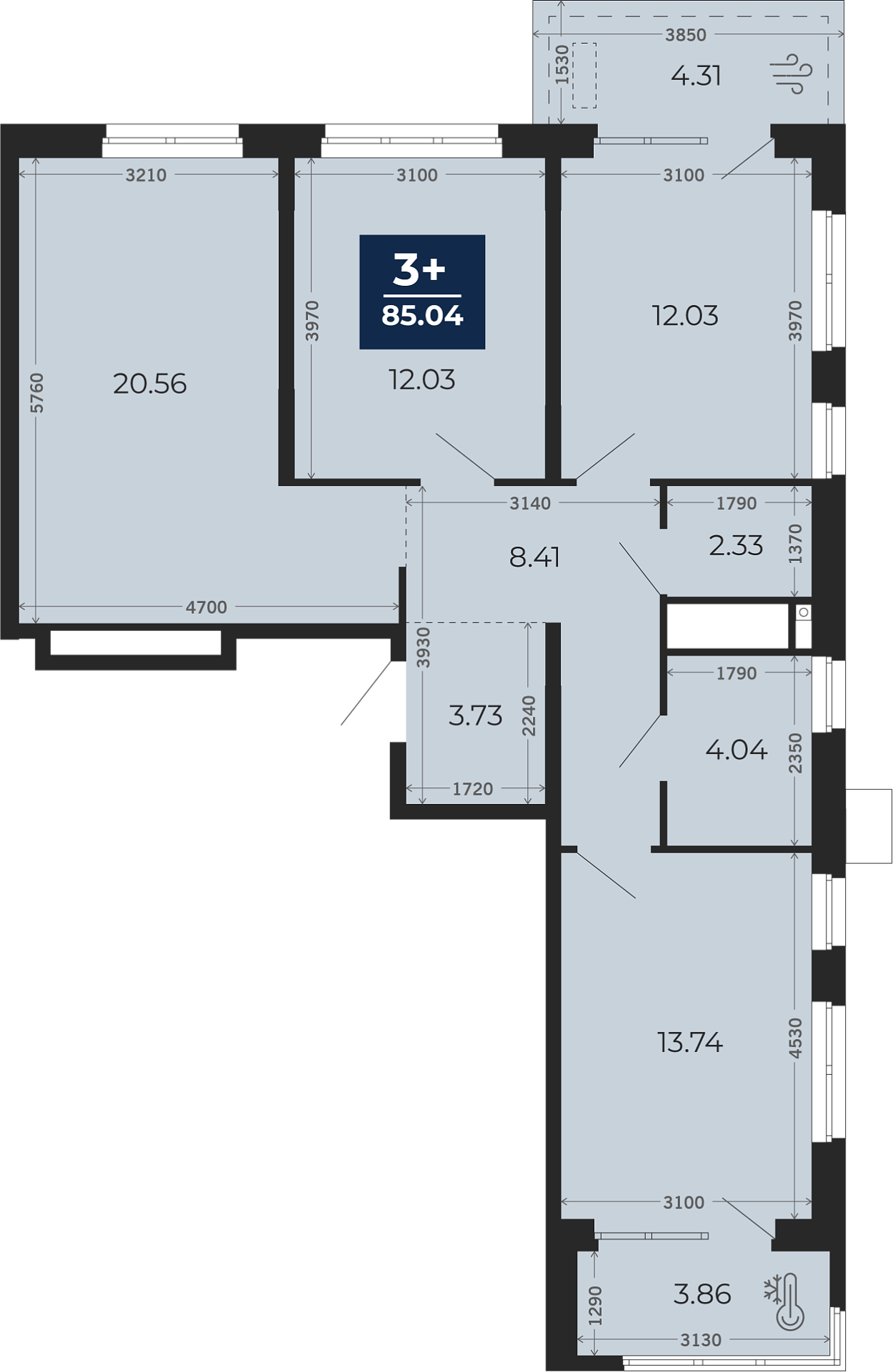 Квартира № 120, 3-комнатная, 85.04 кв. м, 13 этаж