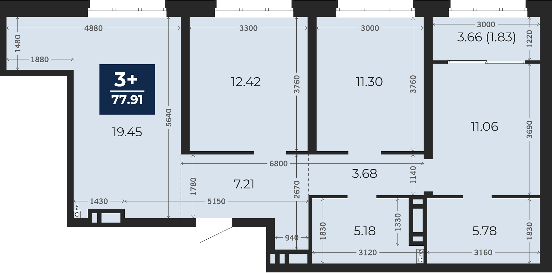 Квартира № 158, 3-комнатная, 77.91 кв. м, 3 этаж