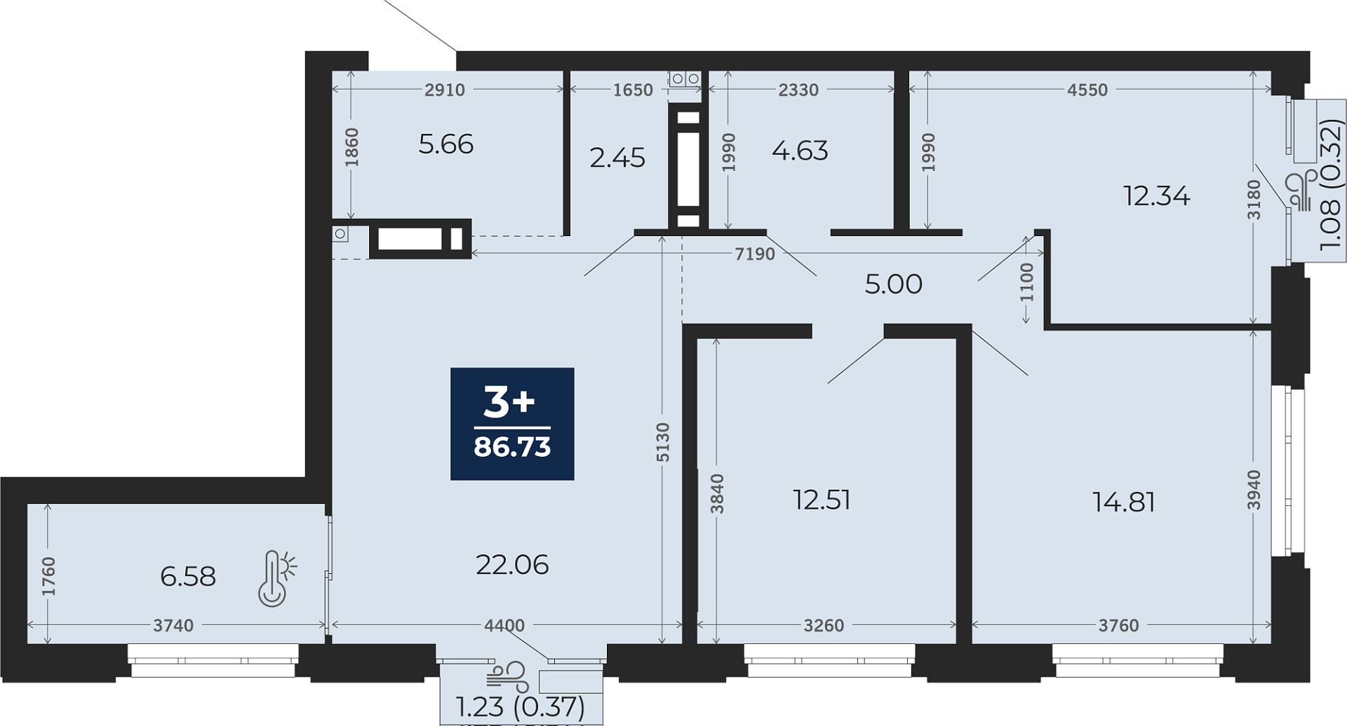 Квартира № 312, 3-комнатная, 86.73 кв. м, 5 этаж