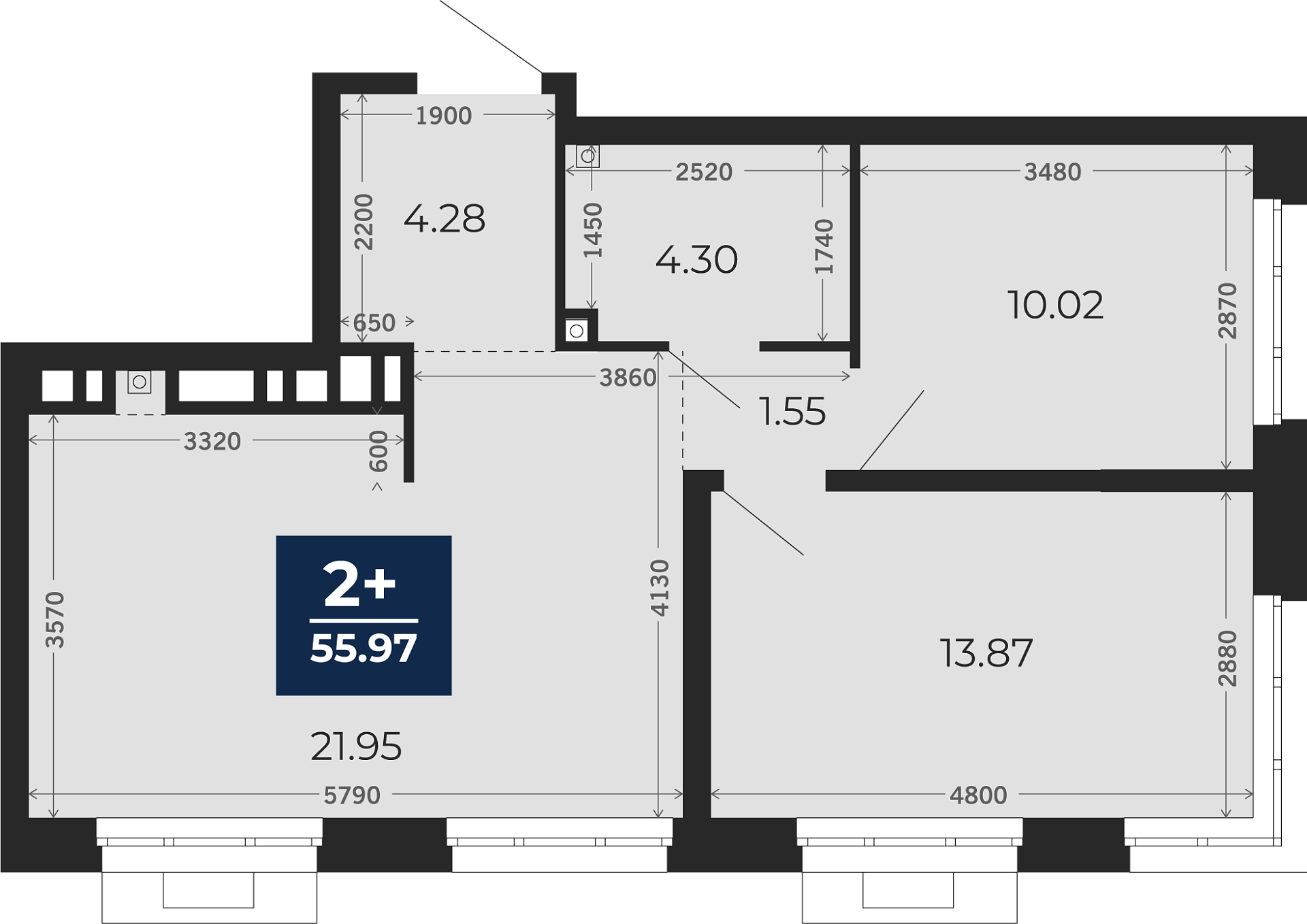 Квартира № 11, 2-комнатная, 55.97 кв. м, 2 этаж