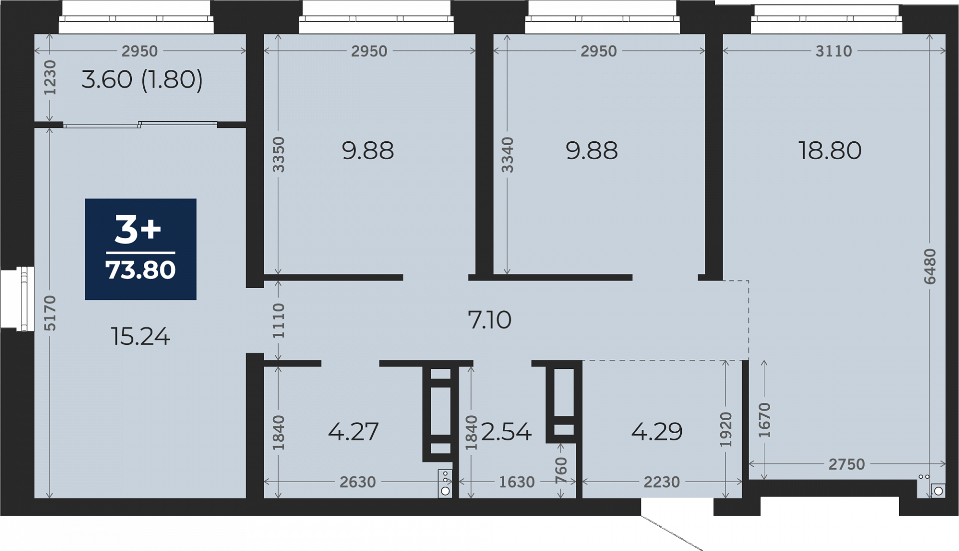 Квартира № 590, 3-комнатная, 73.8 кв. м, 9 этаж