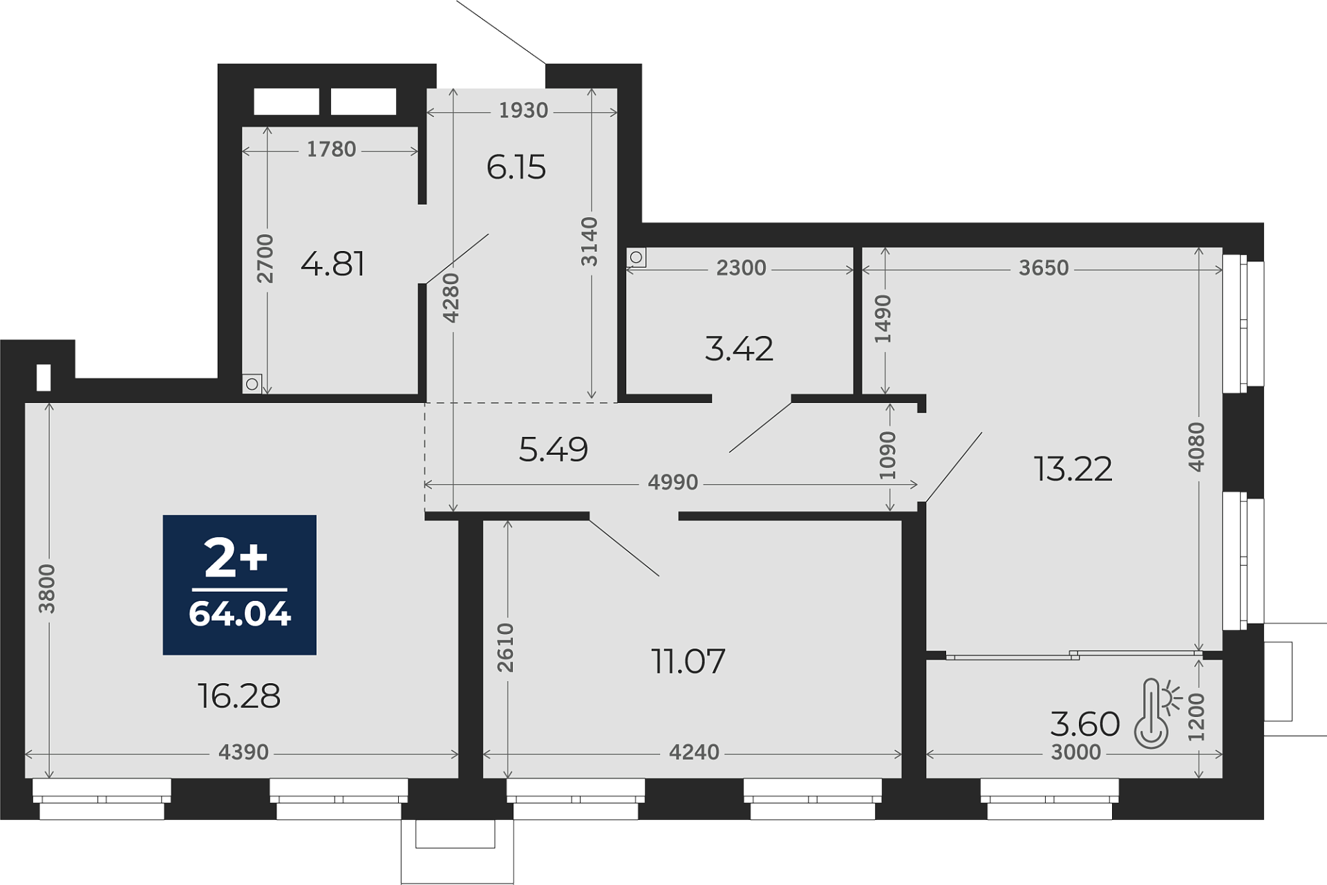 Квартира № 43, 2-комнатная, 64.04 кв. м, 2 этаж